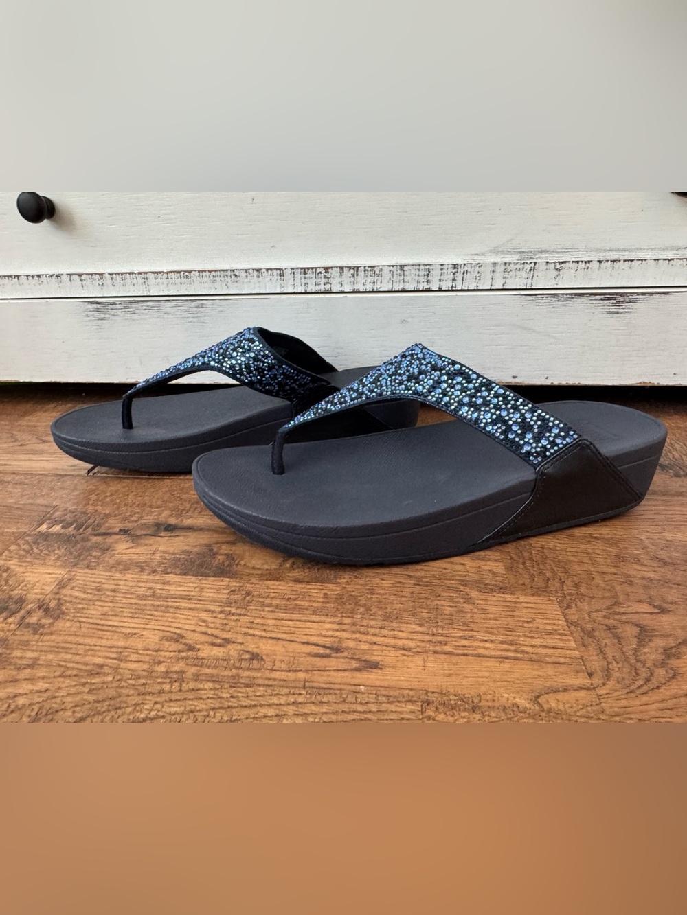 New FItFlop Lulu Crystal Mix Toe Post Sandal Midnight Navy Women's Size 10 - Picture 3 of 10